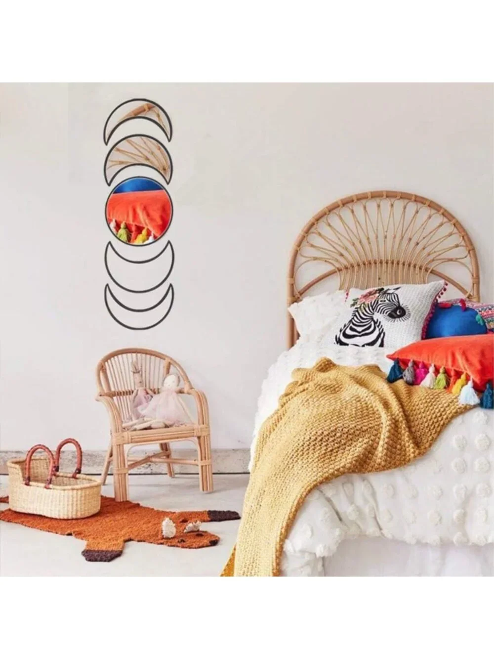 Bohemian 5-Piece Acrylic Wall Decor Set - Wooden Moon Phase Mirror for Living